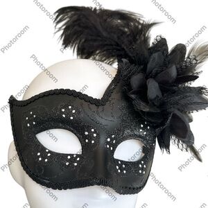 Hand Painted Italian Made Black Rhinestone Feather Masquerade Mask